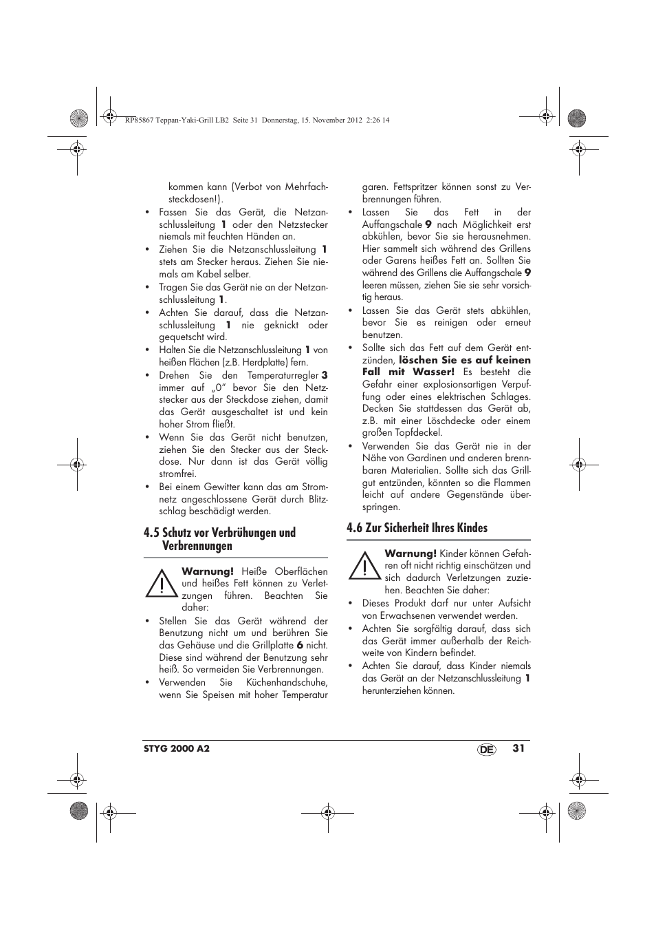 5 schutz vor verbrühungen und verbrennungen, 6 zur sicherheit ihres kindes | Silvercrest STYG 2000 A2 User Manual | Page 33 / 50