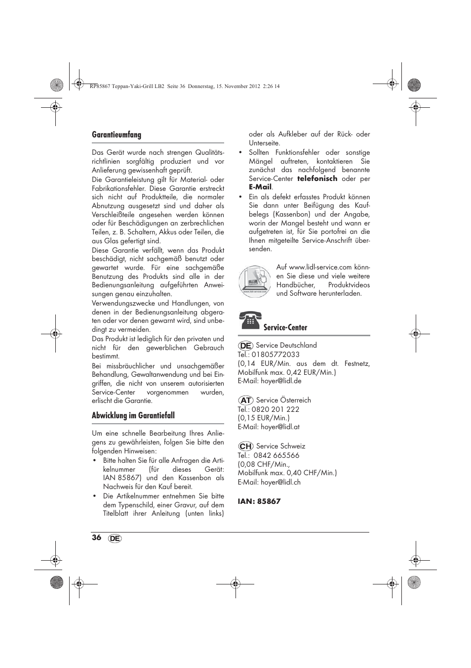 Garantieumfang, Abwicklung im garantiefall, Service-center | Silvercrest STYG 2000 A2 User Manual | Page 38 / 50
