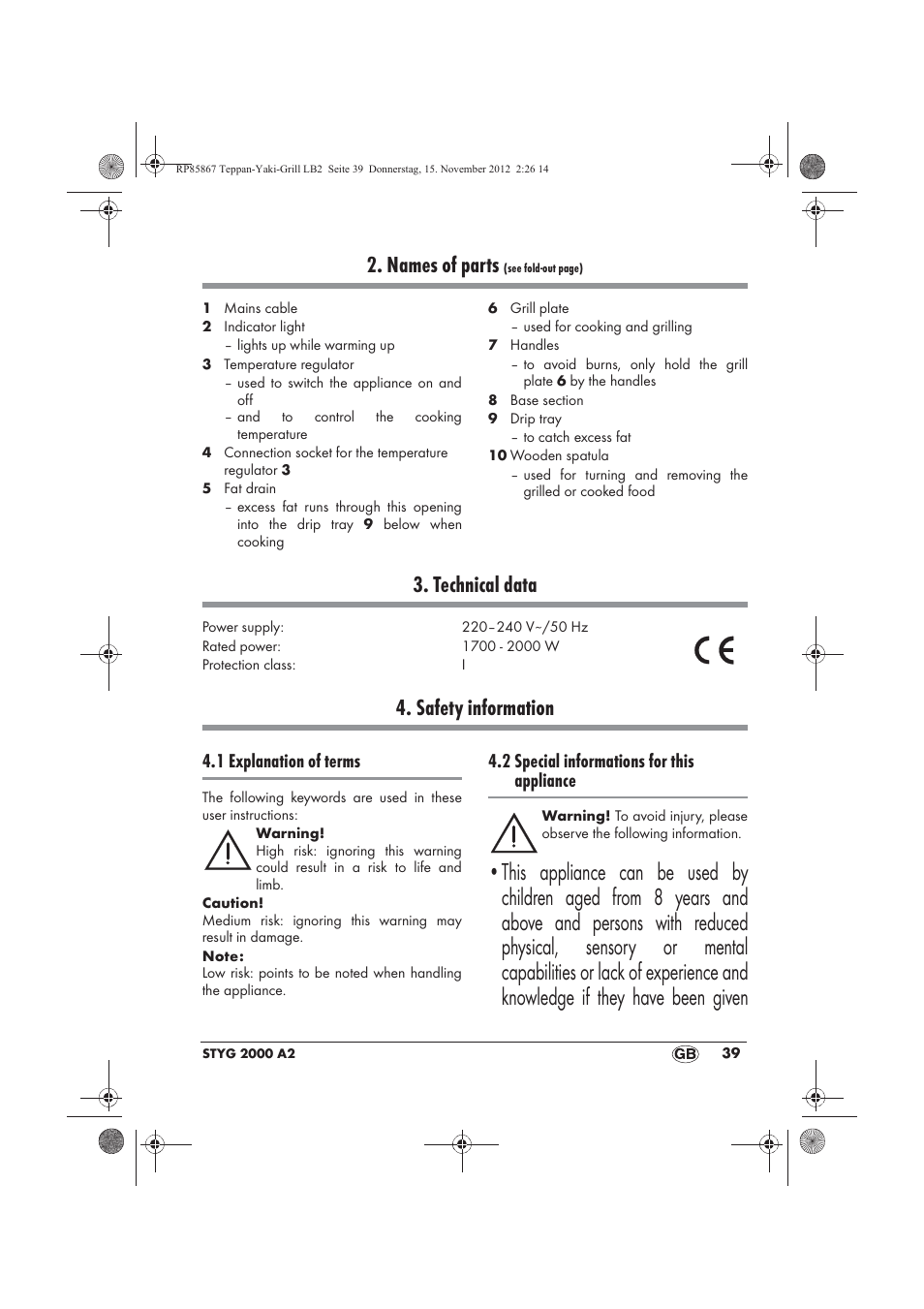 Names of parts, Technical data, Safety information | 1 explanation of terms, 2 special informations for this appliance | Silvercrest STYG 2000 A2 User Manual | Page 41 / 50