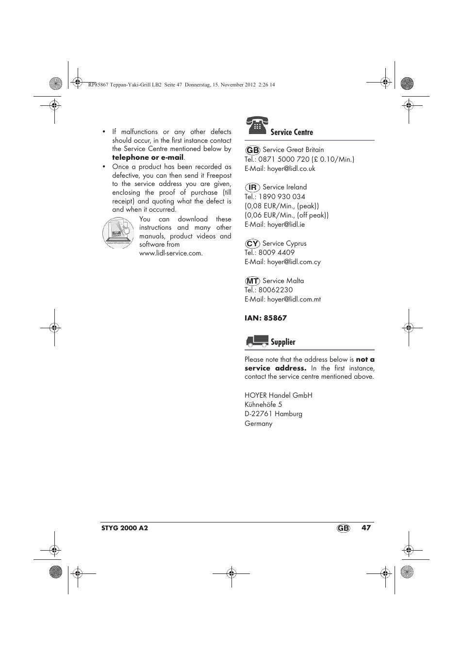 Service centre, Supplier | Silvercrest STYG 2000 A2 User Manual | Page 49 / 50