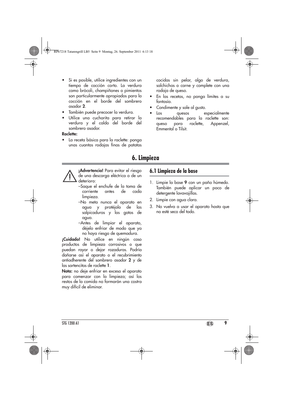 Limpieza, 1 limpieza de la base | Silvercrest STG1200A1 User Manual | Page 11 / 50