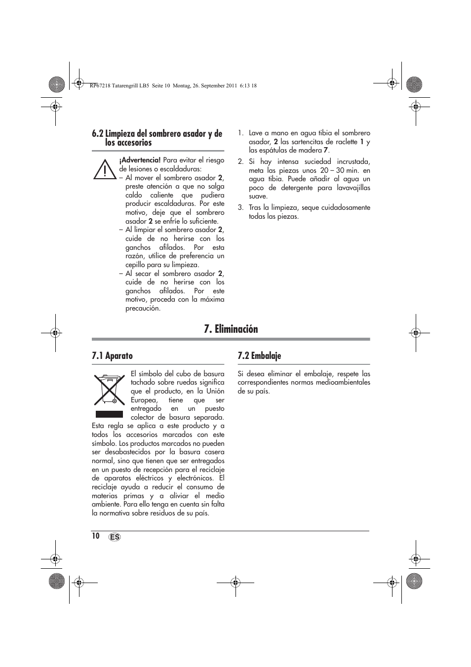 Eliminación, 2 limpieza del sombrero asador y de los accesorios, 1 aparato | 2 embalaje | Silvercrest STG1200A1 User Manual | Page 12 / 50