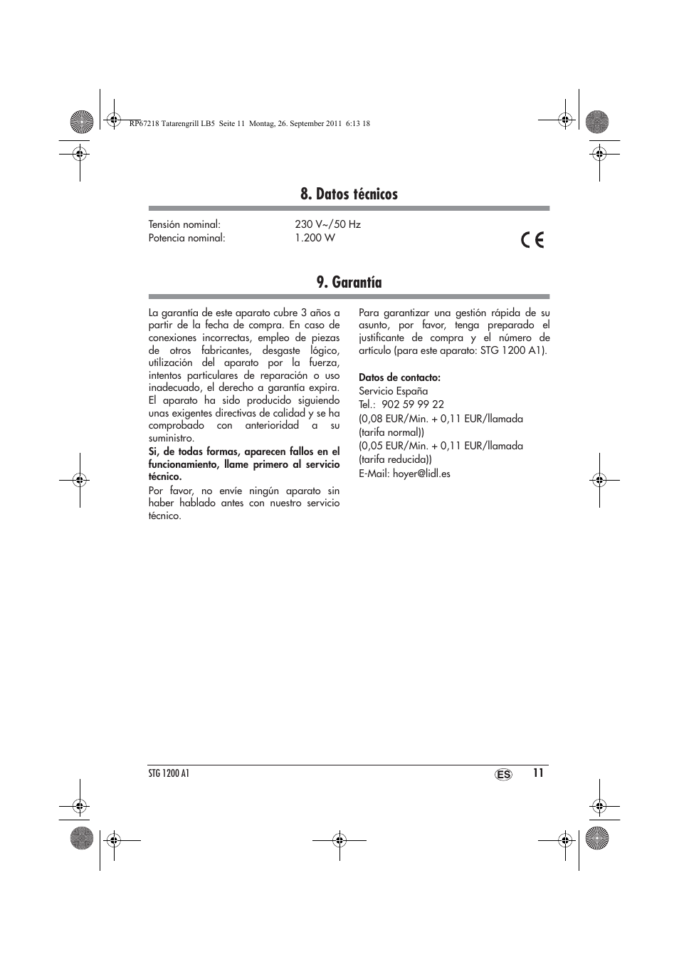 Datos técnicos, Garantía | Silvercrest STG1200A1 User Manual | Page 13 / 50
