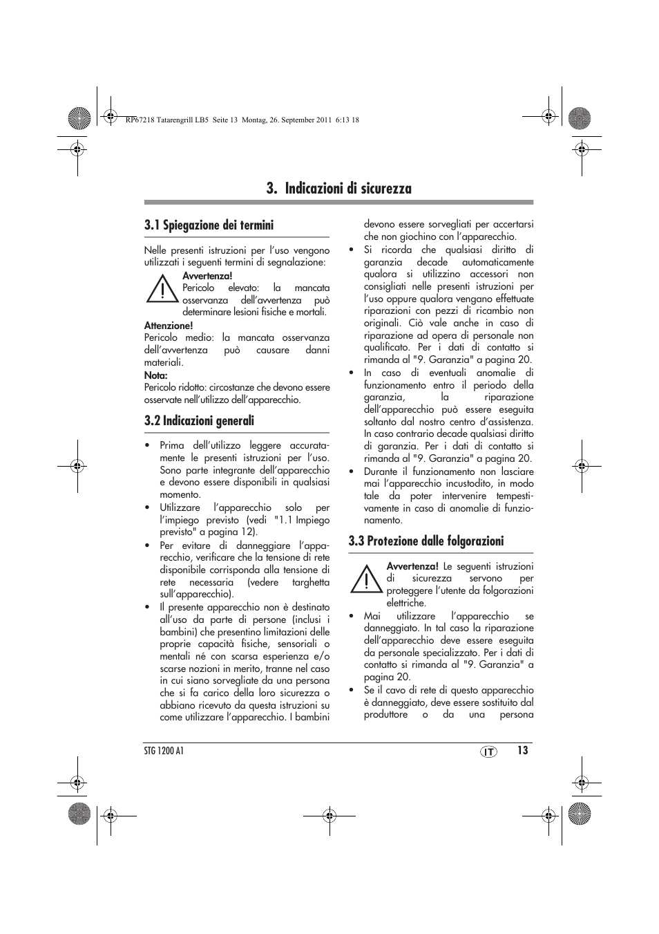 Indicazioni di sicurezza, 1 spiegazione dei termini, 2 indicazioni generali | 3 protezione dalle folgorazioni | Silvercrest STG1200A1 User Manual | Page 15 / 50