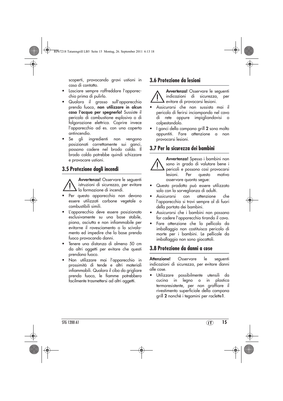 5 protezione dagli incendi, 6 protezione da lesioni, 7 per la sicurezza dei bambini | 8 protezione da danni a cose | Silvercrest STG1200A1 User Manual | Page 17 / 50