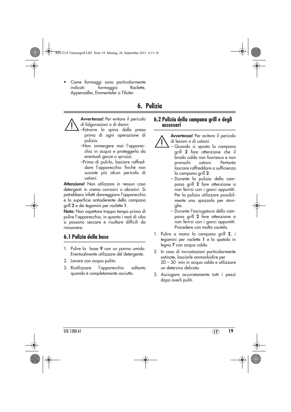 Pulizia, 1 pulizia della base, 2 pulizia della campana grill e degli accessori | Silvercrest STG1200A1 User Manual | Page 21 / 50