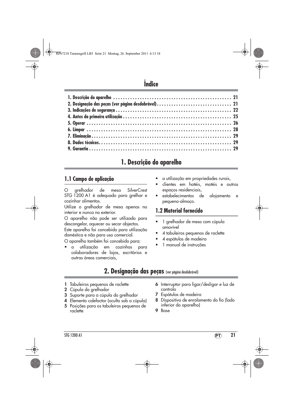 Índice, Descrição do aparelho, Designação das peças | 1 campo de aplicação, 2 material fornecido | Silvercrest STG1200A1 User Manual | Page 23 / 50