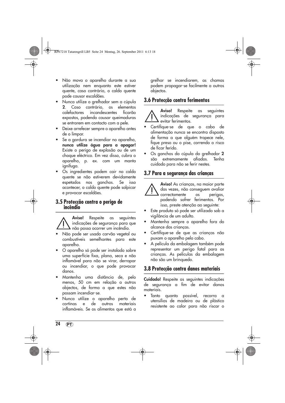 5 protecção contra o perigo de incêndio, 6 protecção contra ferimentos, 7 para a segurança das crianças | 8 protecção contra danos materiais | Silvercrest STG1200A1 User Manual | Page 26 / 50