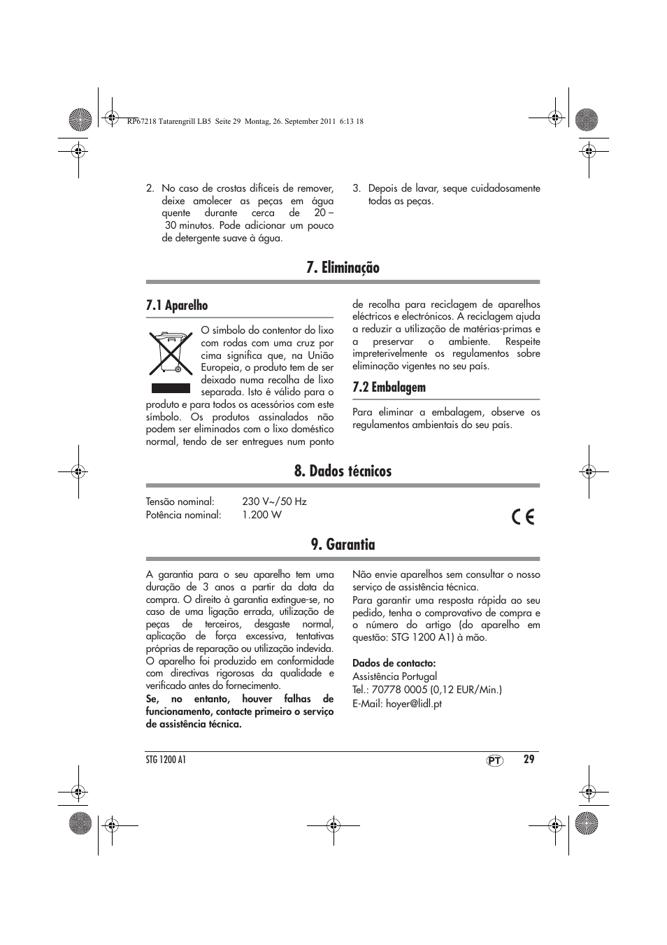Eliminação, Dados técnicos, Garantia | 1 aparelho, 2 embalagem | Silvercrest STG1200A1 User Manual | Page 31 / 50