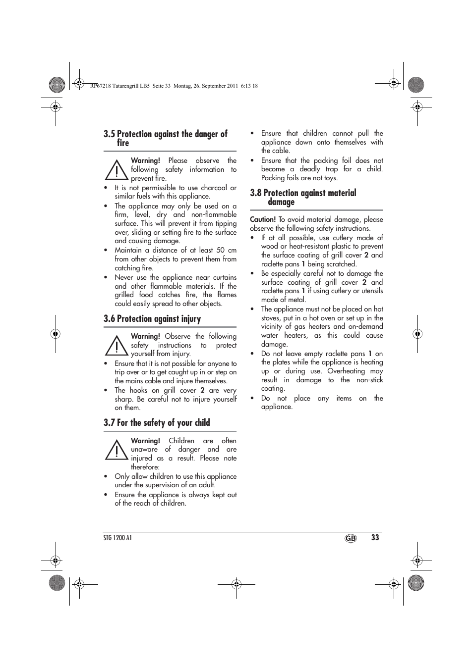 5 protection against the danger of ﬁre, 6 protection against injury, 7 for the safety of your child | 8 protection against material damage | Silvercrest STG1200A1 User Manual | Page 35 / 50