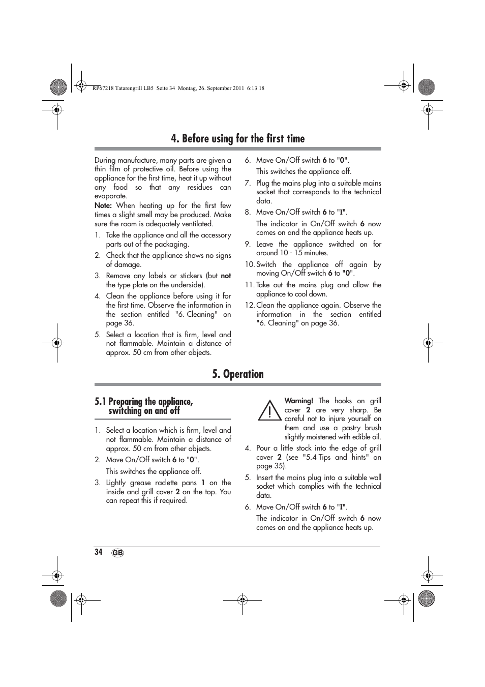 Before using for the ﬁrst time, Operation, 1 preparing the appliance, switching on and off | Silvercrest STG1200A1 User Manual | Page 36 / 50