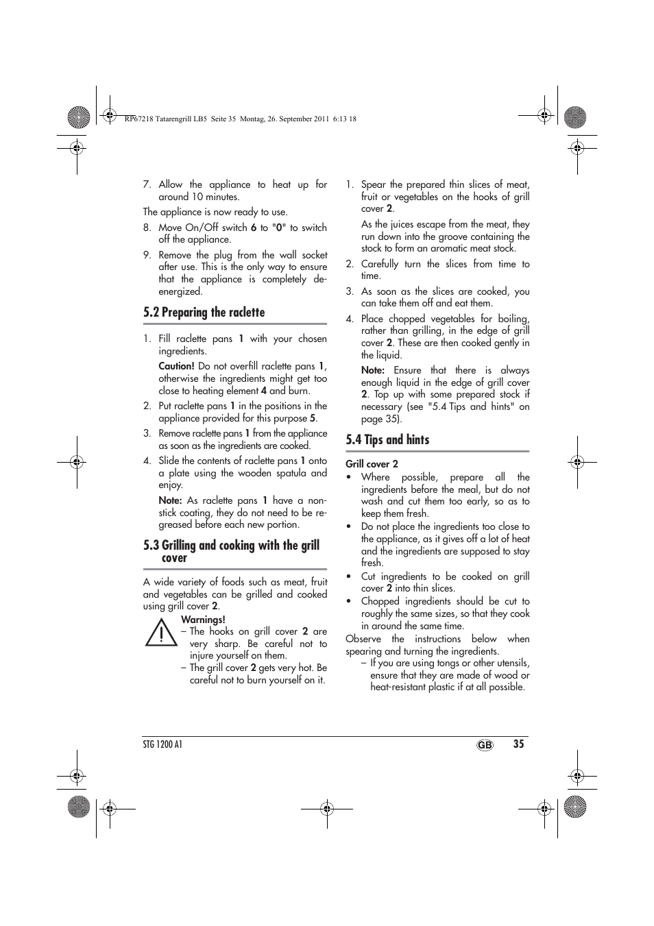 2 preparing the raclette, 3 grilling and cooking with the grill cover, 4 tips and hints | Silvercrest STG1200A1 User Manual | Page 37 / 50