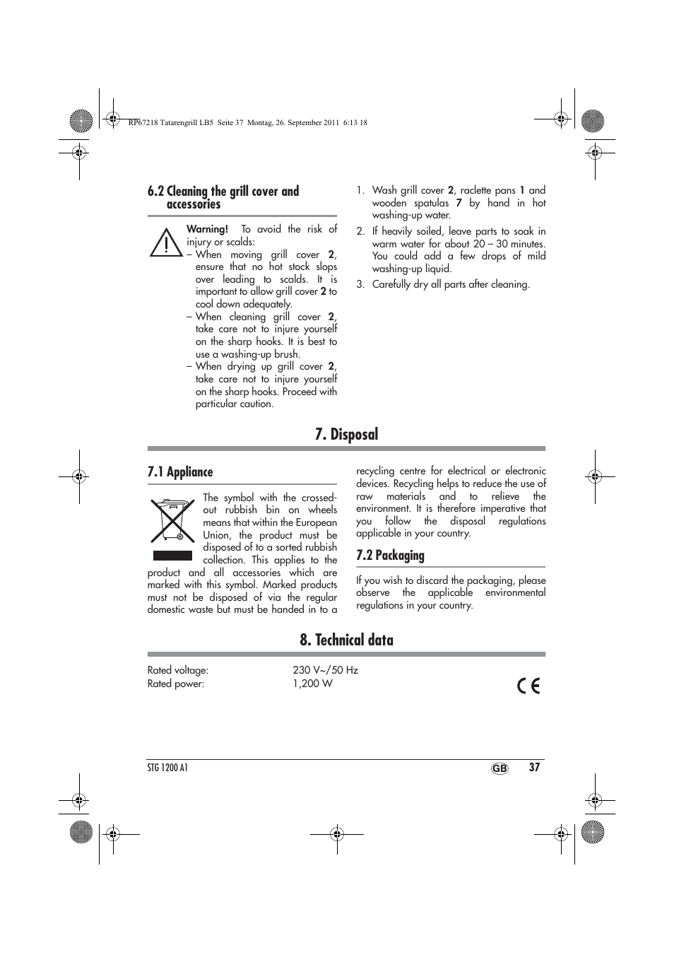 Disposal, Technical data, 2 cleaning the grill cover and accessories | 1 appliance, 2 packaging | Silvercrest STG1200A1 User Manual | Page 39 / 50