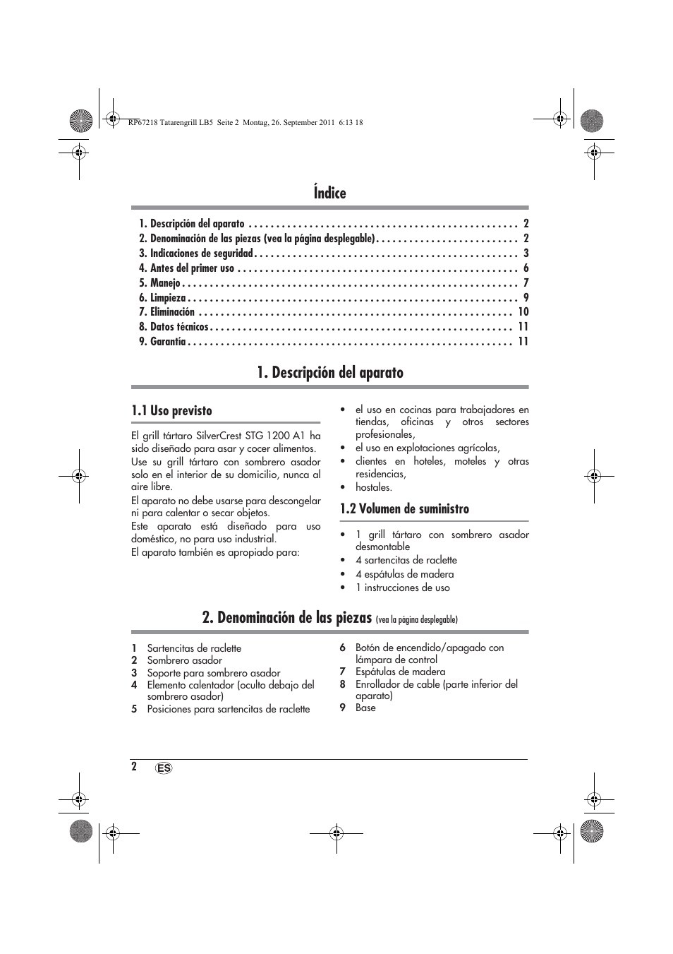 Índice, Descripción del aparato, Denominación de las piezas | 1 uso previsto, 2 volumen de suministro | Silvercrest STG1200A1 User Manual | Page 4 / 50