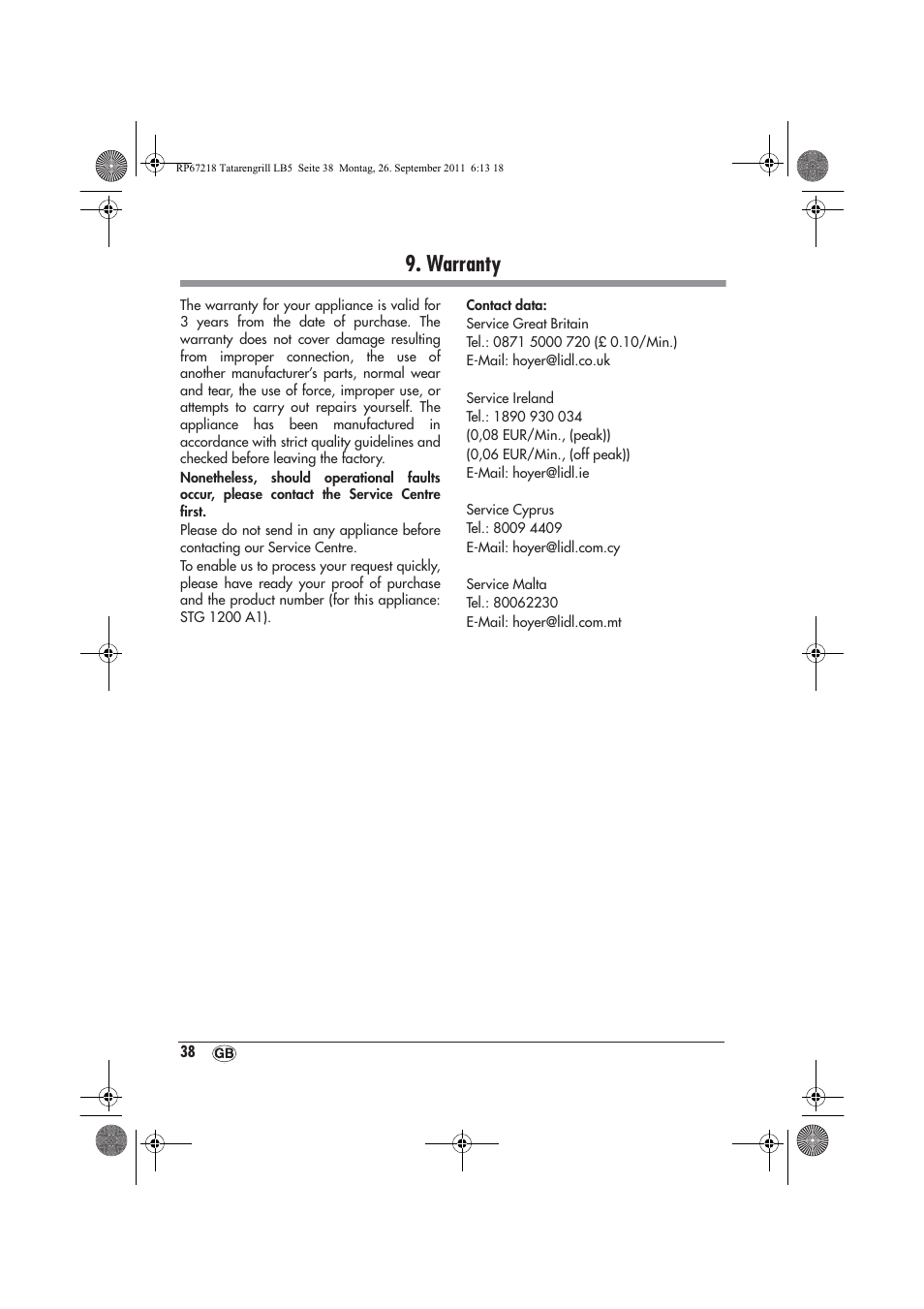Warranty | Silvercrest STG1200A1 User Manual | Page 40 / 50