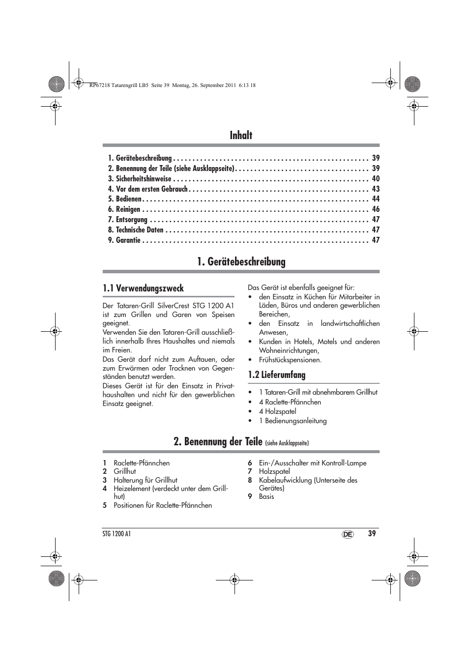 Inhalt, Gerätebeschreibung, Benennung der teile | 1 verwendungszweck, 2 lieferumfang | Silvercrest STG1200A1 User Manual | Page 41 / 50