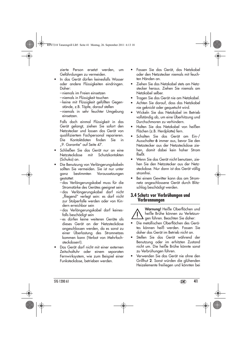 4 schutz vor verbrühungen und verbrennungen | Silvercrest STG1200A1 User Manual | Page 43 / 50