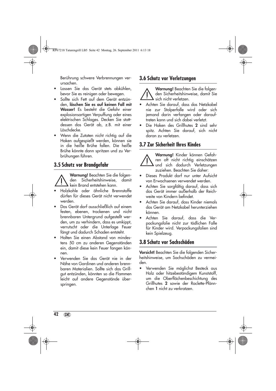 5 schutz vor brandgefahr, 6 schutz vor verletzungen, 7 zur sicherheit ihres kindes | 8 schutz vor sachschäden | Silvercrest STG1200A1 User Manual | Page 44 / 50