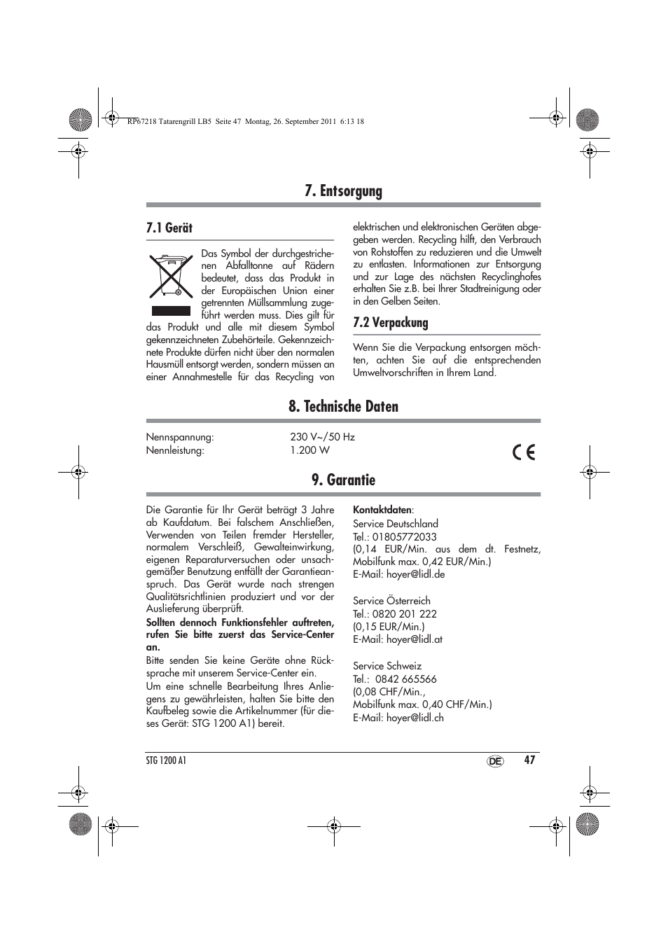 Entsorgung, Technische daten, Garantie | 1 gerät, 2 verpackung | Silvercrest STG1200A1 User Manual | Page 49 / 50