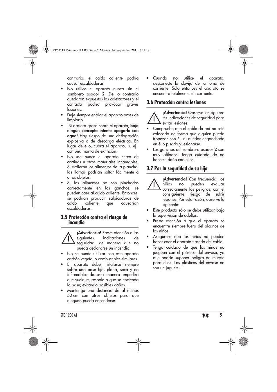 5 protección contra el riesgo de incendio, 6 protección contra lesiones, 7 por la seguridad de su hijo | Silvercrest STG1200A1 User Manual | Page 7 / 50