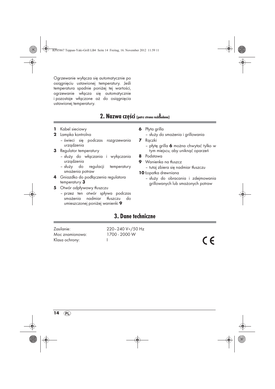 Nazwa części, Dane techniczne | Silvercrest STYG 2000 A2 User Manual | Page 16 / 82