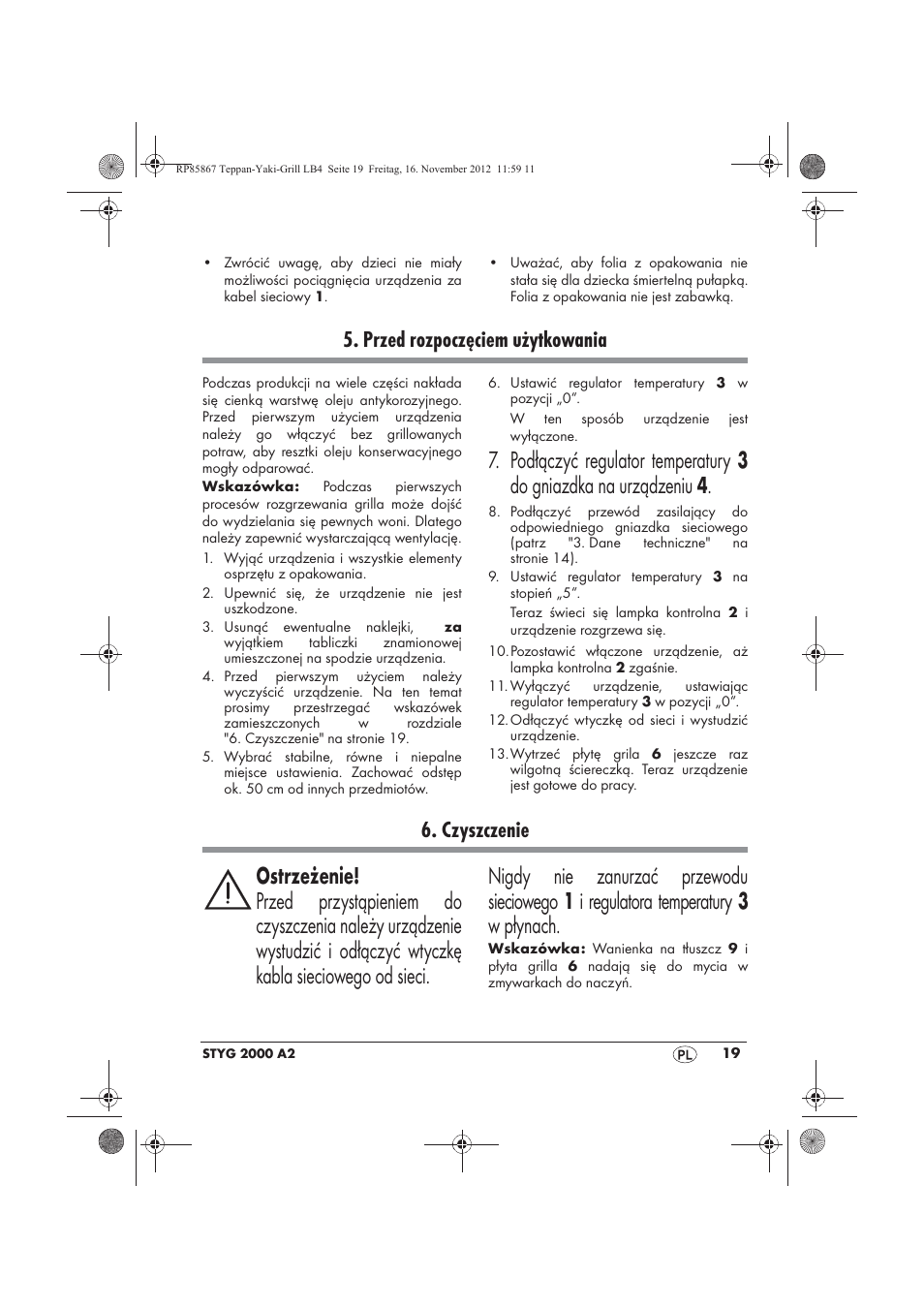 Przed rozpoczęciem użytkowania, Czyszczenie | Silvercrest STYG 2000 A2 User Manual | Page 21 / 82