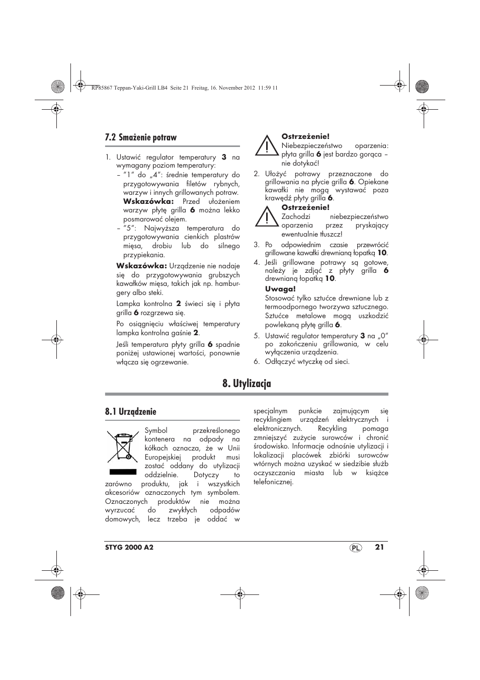 Utylizacja, 2 smażenie potraw, 1 urządzenie | Silvercrest STYG 2000 A2 User Manual | Page 23 / 82