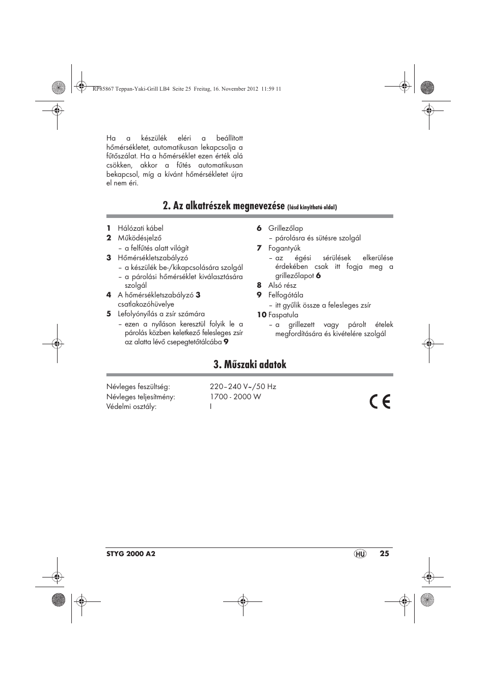 Az alkatrészek megnevezése, Műszaki adatok | Silvercrest STYG 2000 A2 User Manual | Page 27 / 82