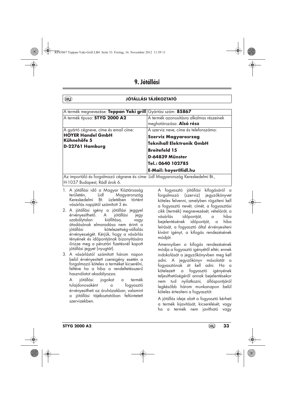 Jótállási | Silvercrest STYG 2000 A2 User Manual | Page 35 / 82