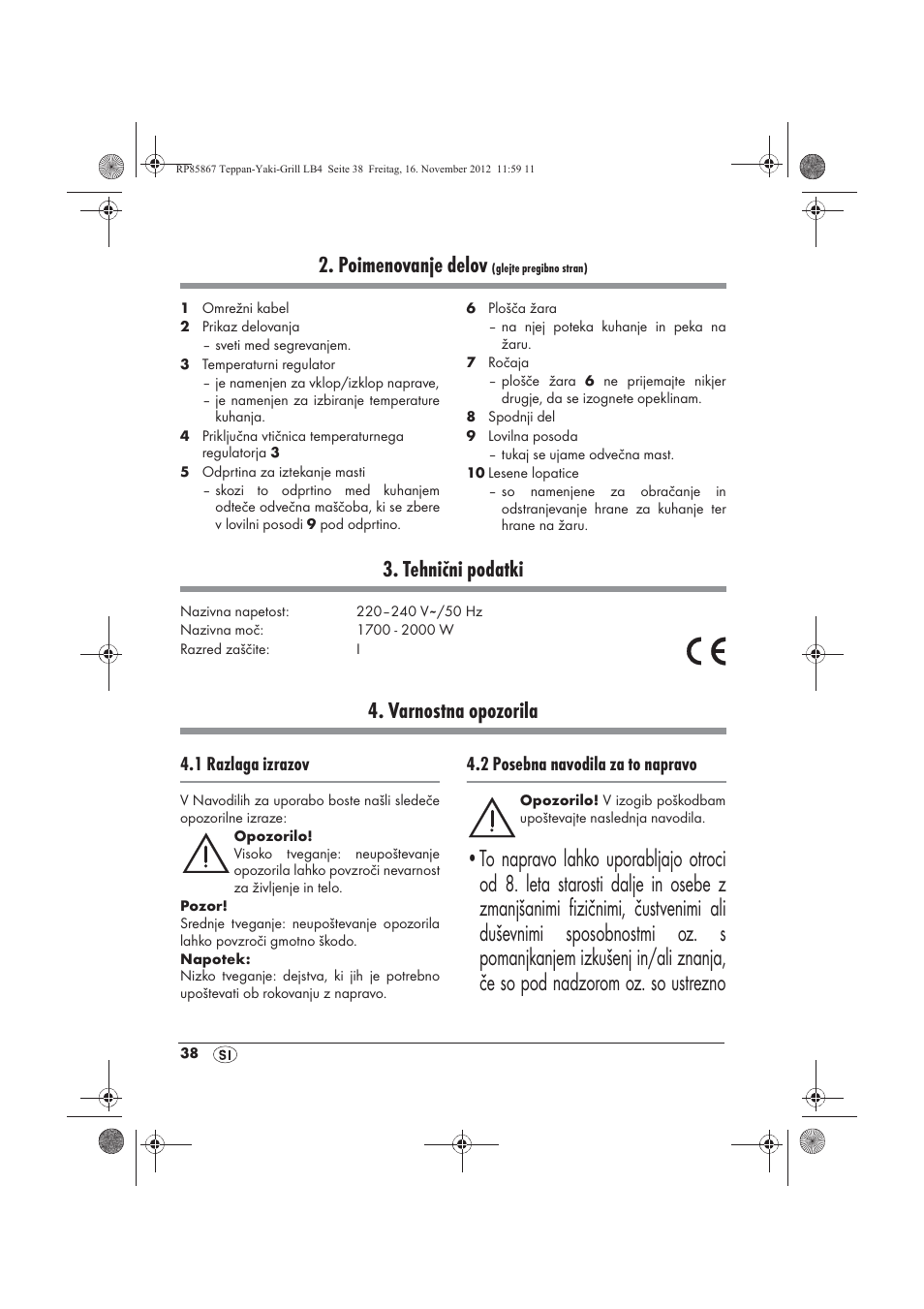 Poimenovanje delov, Tehnični podatki, Varnostna opozorila | 1 razlaga izrazov, 2 posebna navodila za to napravo | Silvercrest STYG 2000 A2 User Manual | Page 40 / 82