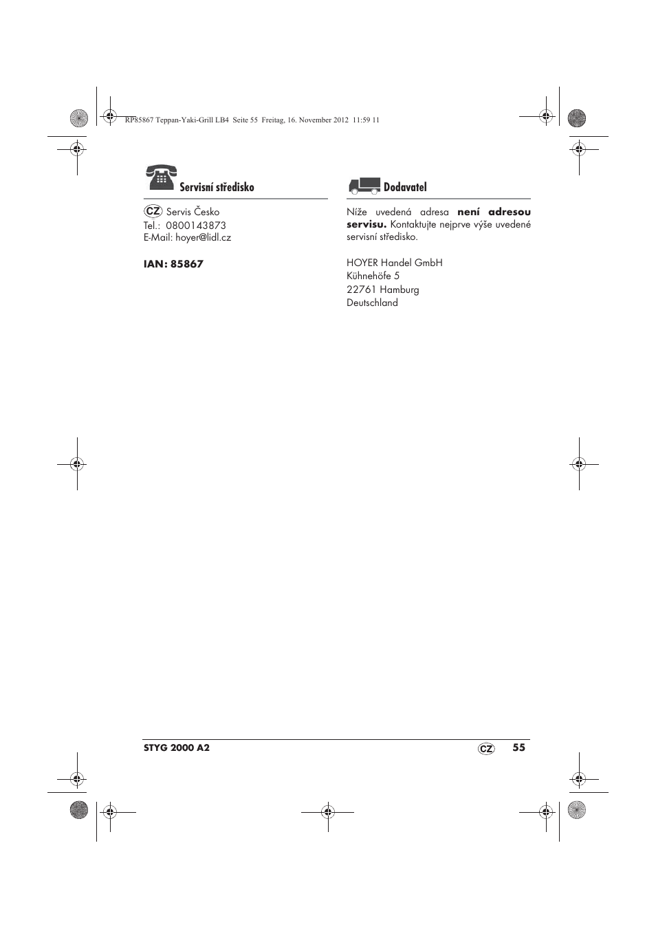 Servisní středisko, Dodavatel | Silvercrest STYG 2000 A2 User Manual | Page 57 / 82