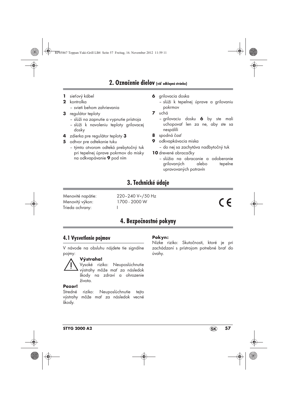 Označenie dielov, Technické údaje, Bezpečnostné pokyny | 1 vysvetlenie pojmov | Silvercrest STYG 2000 A2 User Manual | Page 59 / 82