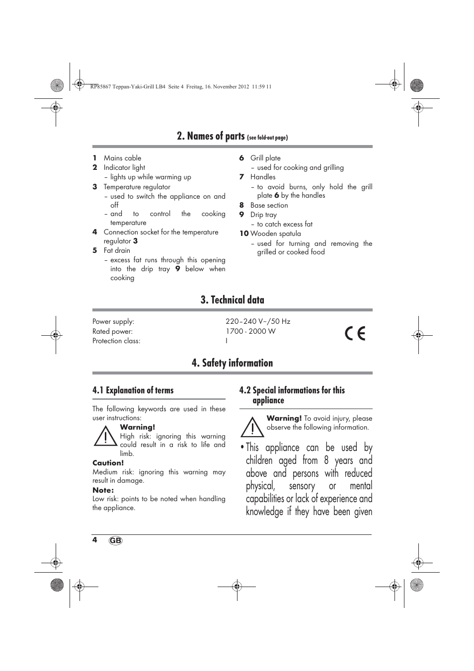 Names of parts, Technical data, Safety information | 1 explanation of terms, 2 special informations for this appliance | Silvercrest STYG 2000 A2 User Manual | Page 6 / 82