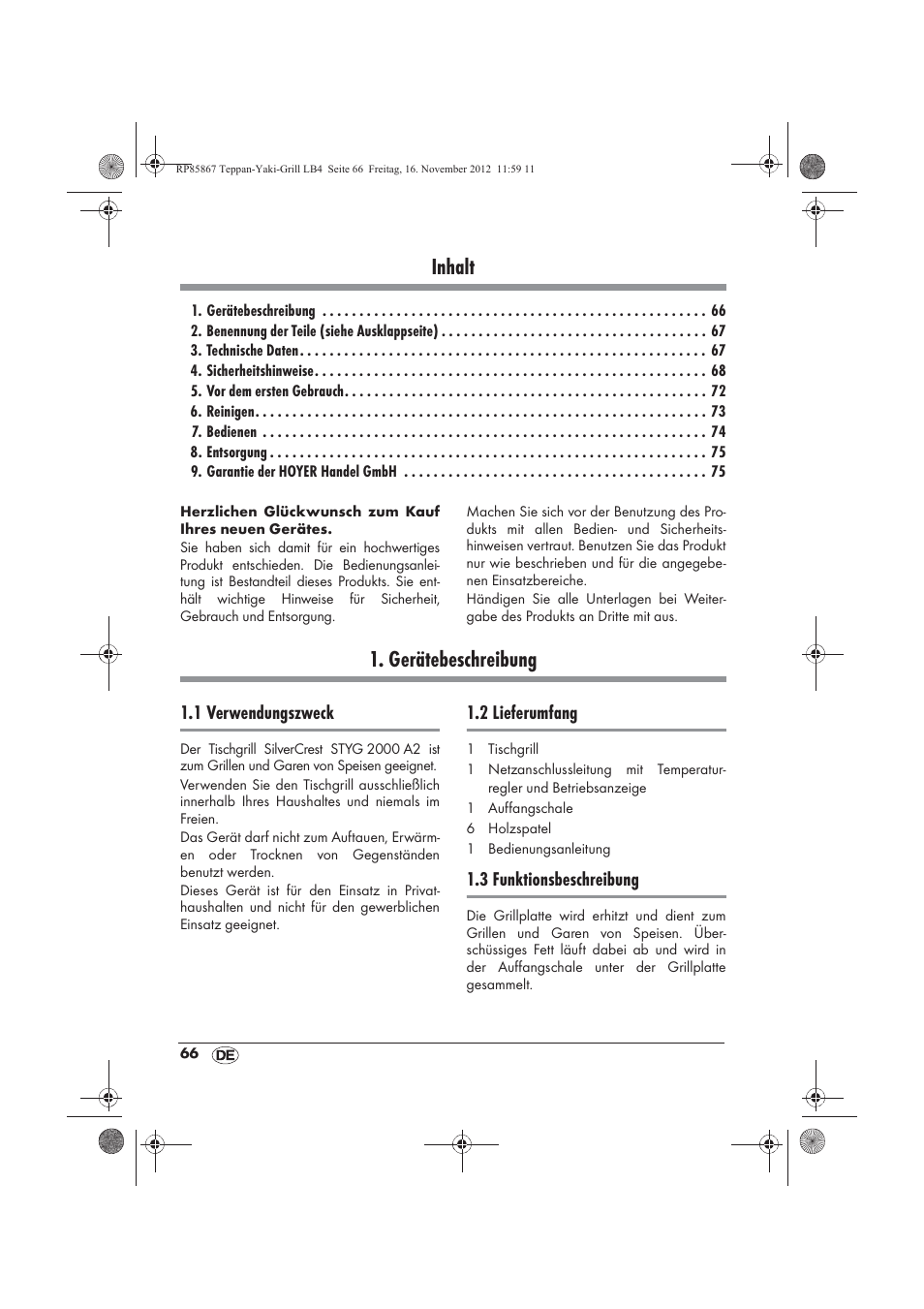 Inhalt, Gerätebeschreibung | Silvercrest STYG 2000 A2 User Manual | Page 68 / 82