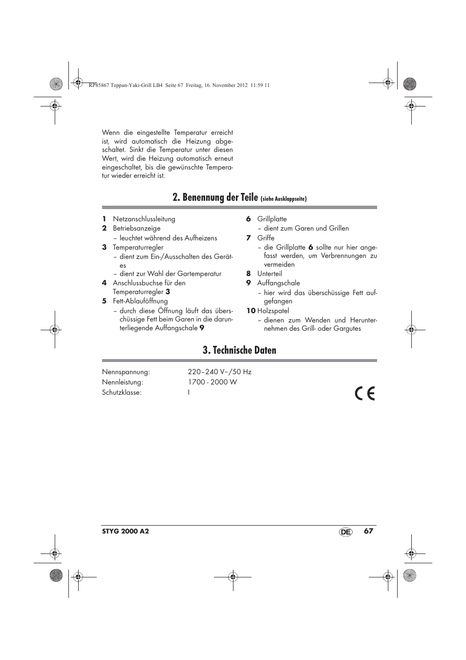 Benennung der teile, Technische daten | Silvercrest STYG 2000 A2 User Manual | Page 69 / 82