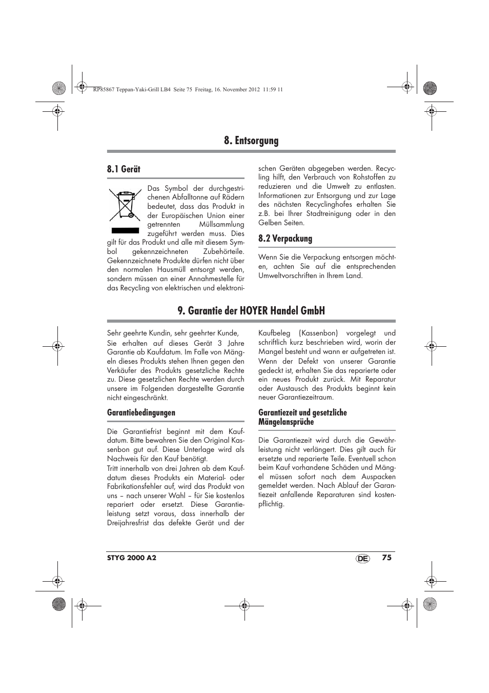 Entsorgung, Garantie der hoyer handel gmbh | Silvercrest STYG 2000 A2 User Manual | Page 77 / 82