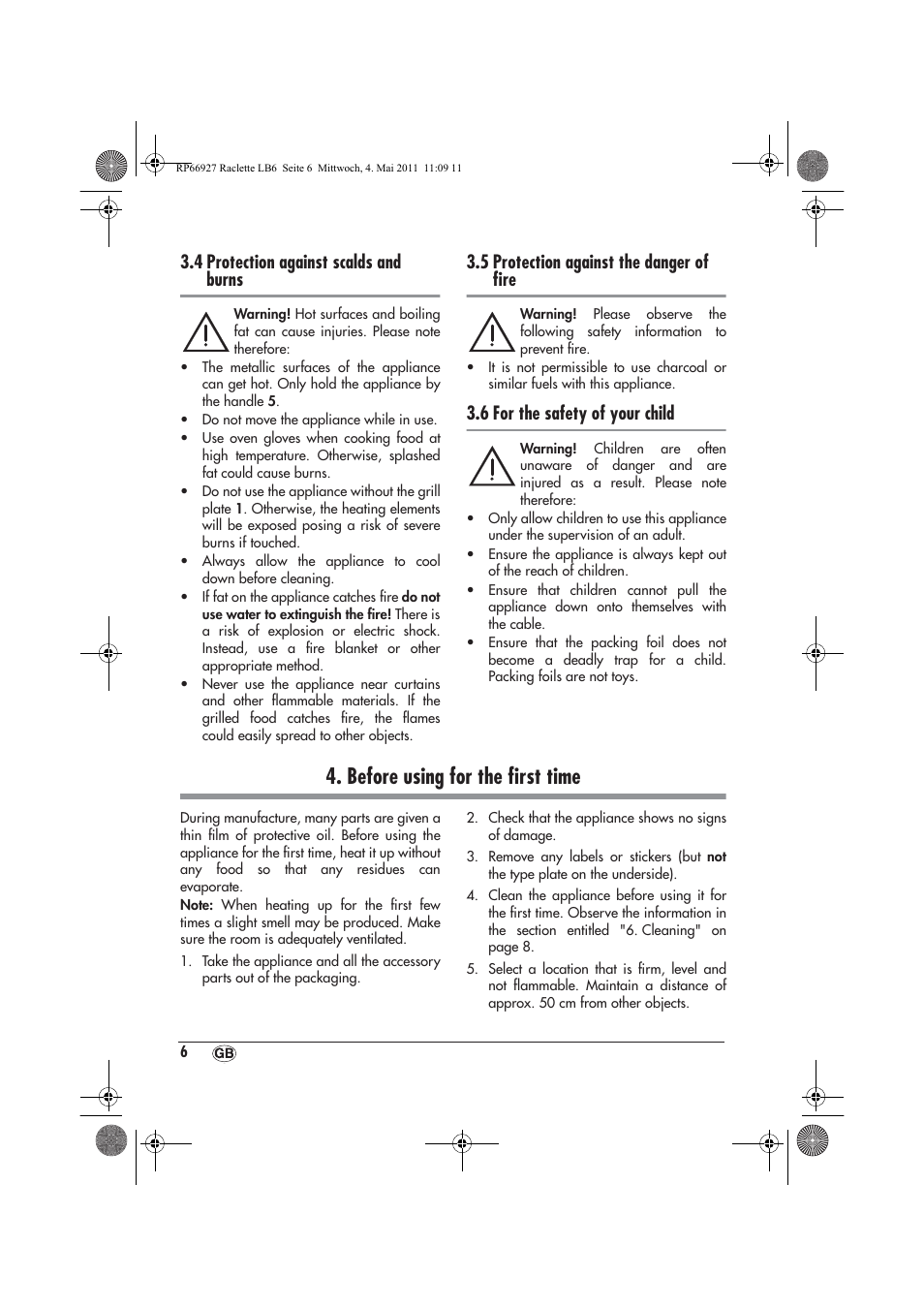 Before using for the ﬁrst time, 4 protection against scalds and burns, 5 protection against the danger of ﬁre | 6 for the safety of your child | Silvercrest SRG1200A1 User Manual | Page 8 / 14