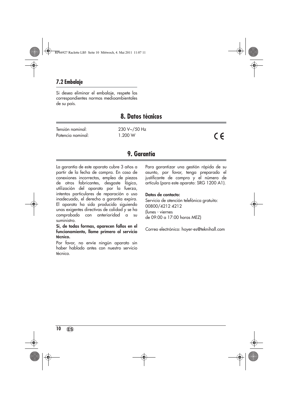Datos técnicos, Garantía, 2 embalaje | Silvercrest SRG1200A1 User Manual | Page 12 / 46