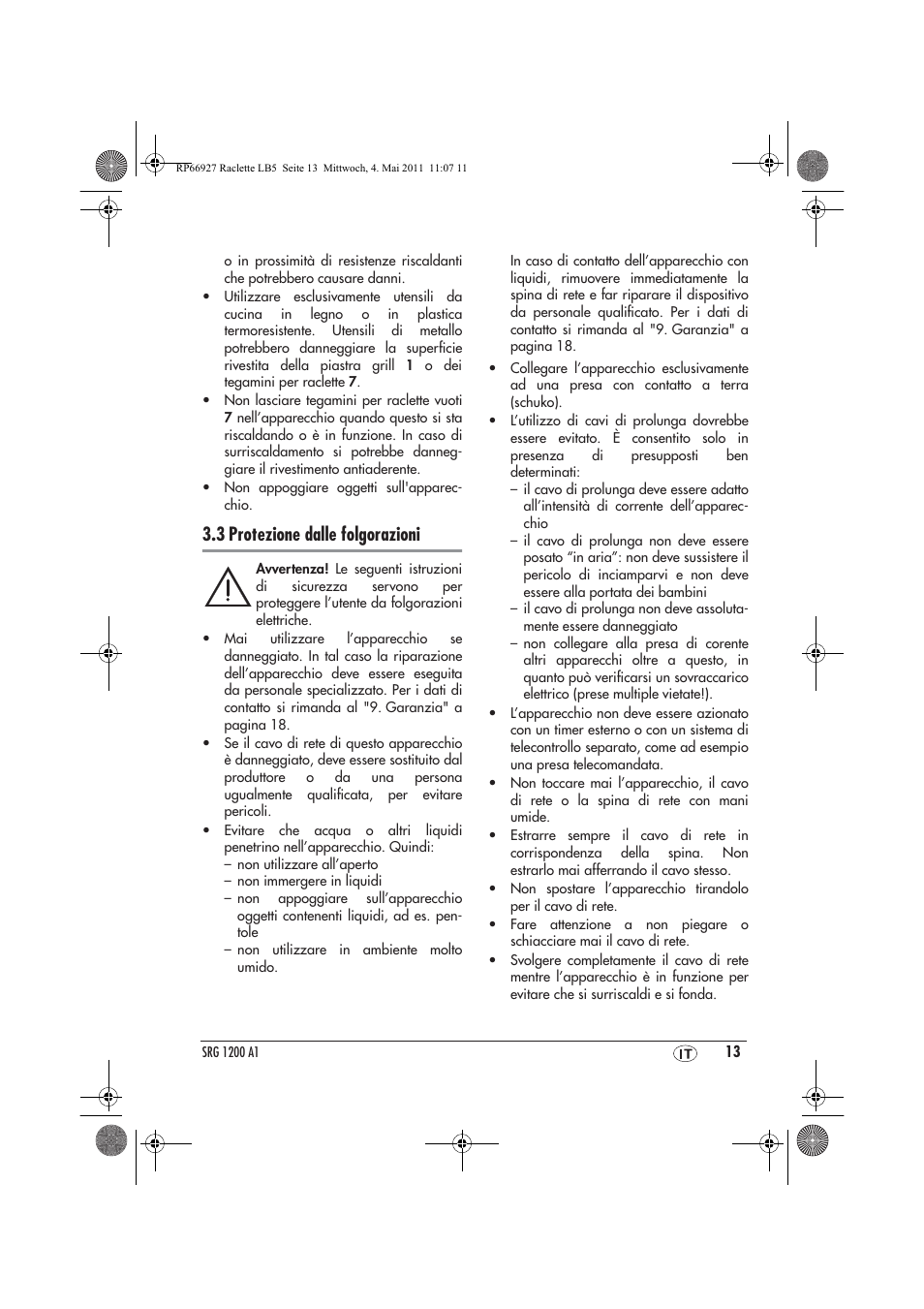 3 protezione dalle folgorazioni | Silvercrest SRG1200A1 User Manual | Page 15 / 46