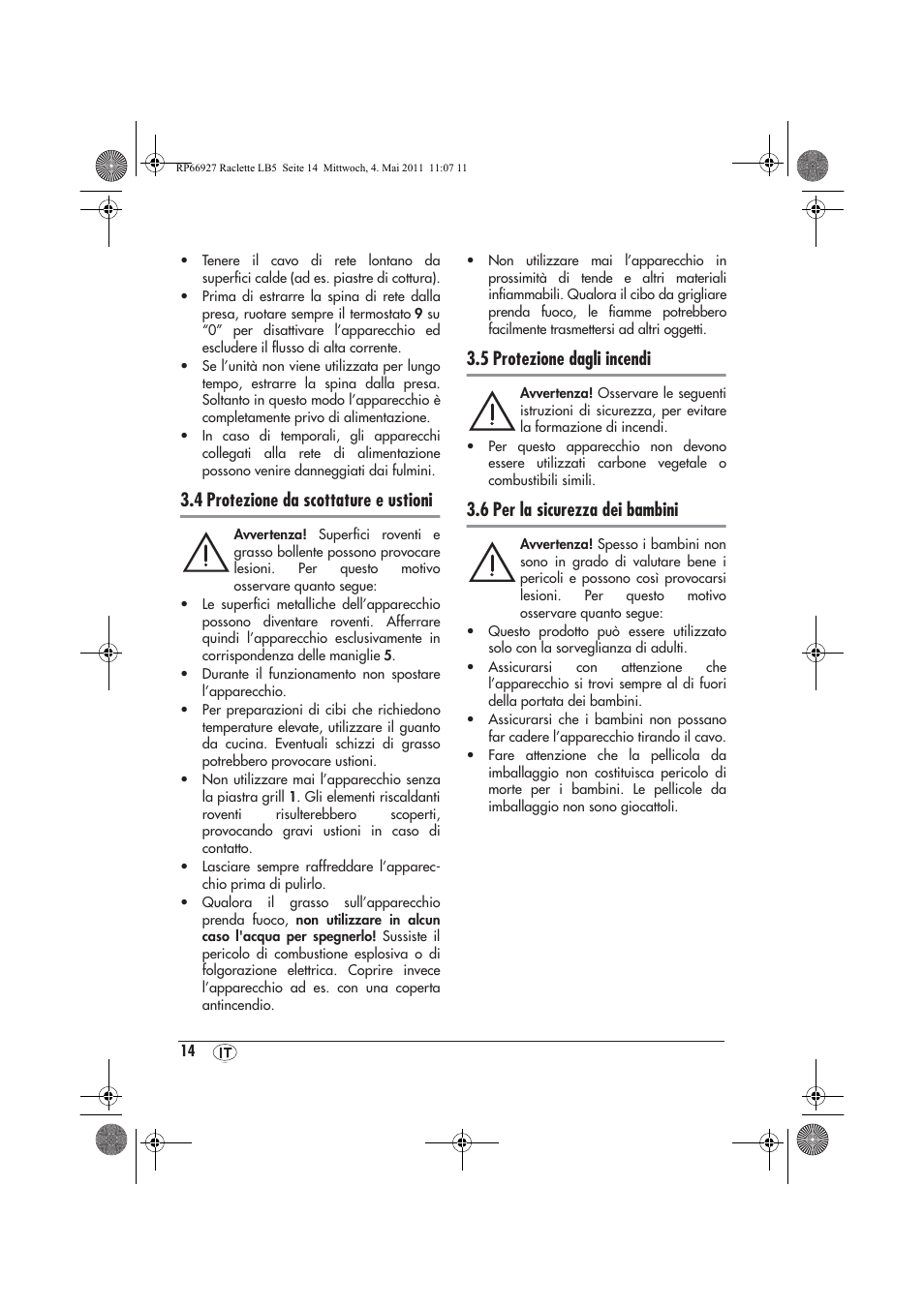 4 protezione da scottature e ustioni, 5 protezione dagli incendi, 6 per la sicurezza dei bambini | Silvercrest SRG1200A1 User Manual | Page 16 / 46