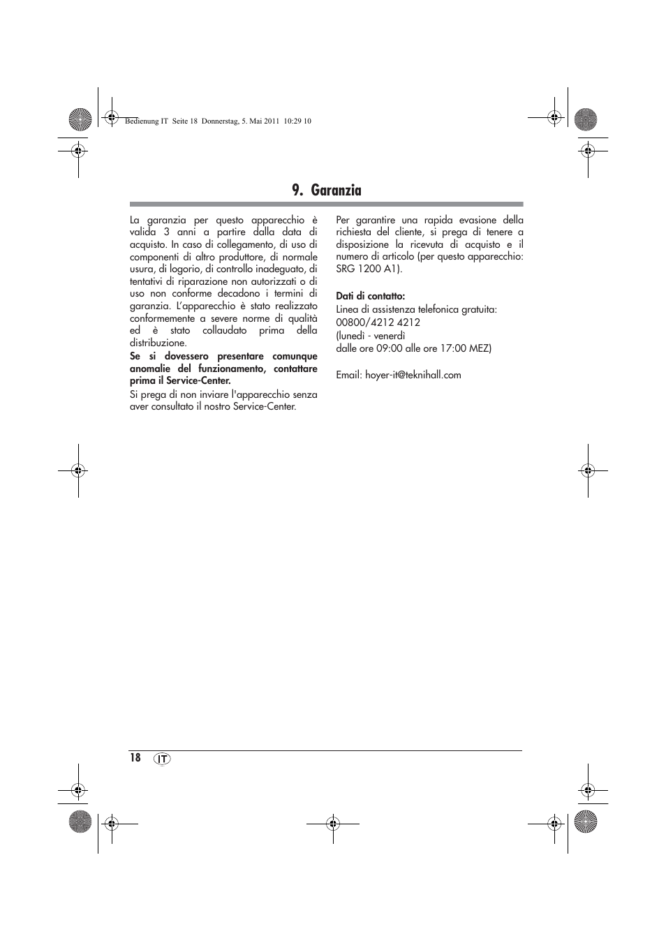 Garanzia | Silvercrest SRG1200A1 User Manual | Page 20 / 46