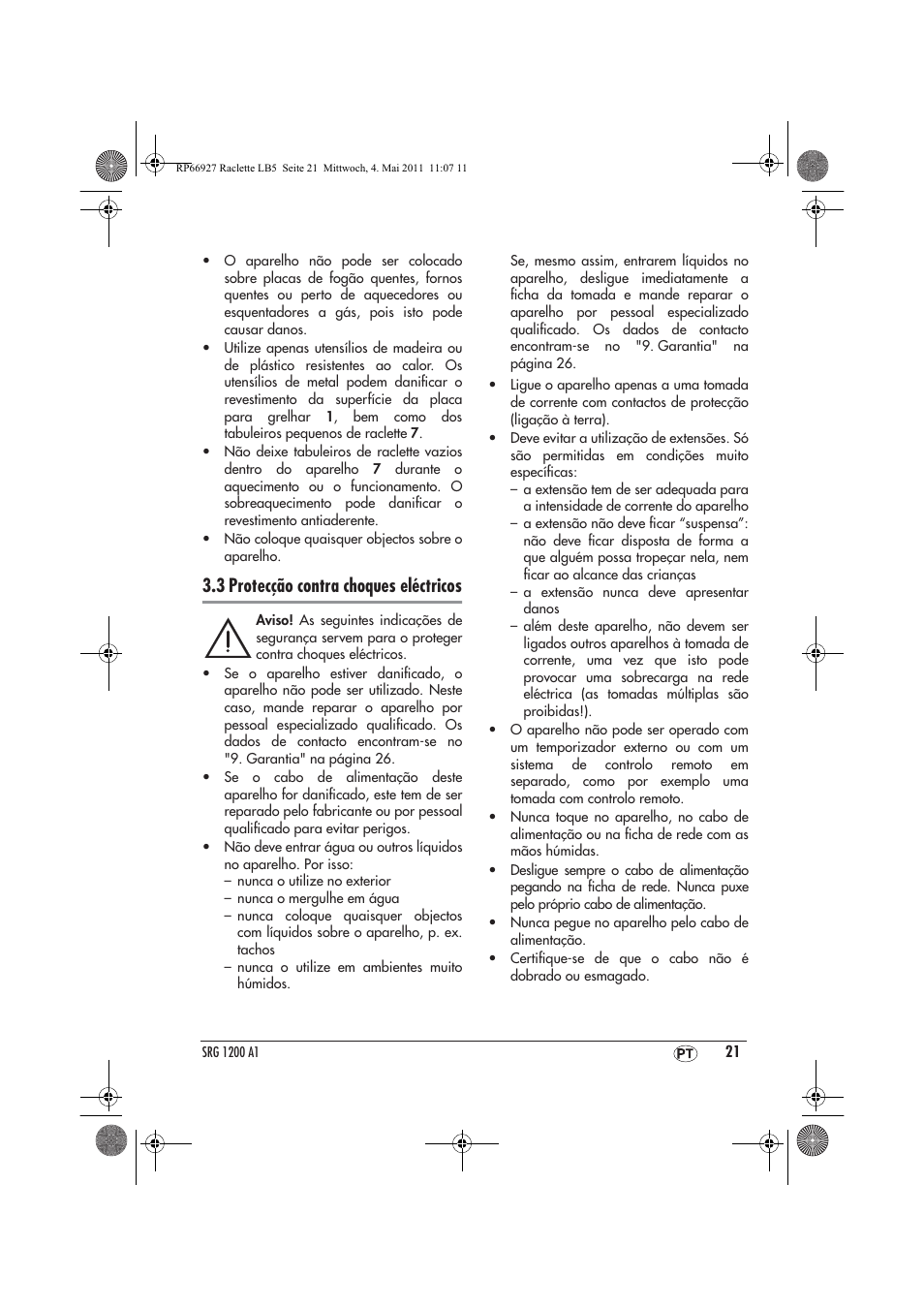 3 protecção contra choques eléctricos | Silvercrest SRG1200A1 User Manual | Page 23 / 46