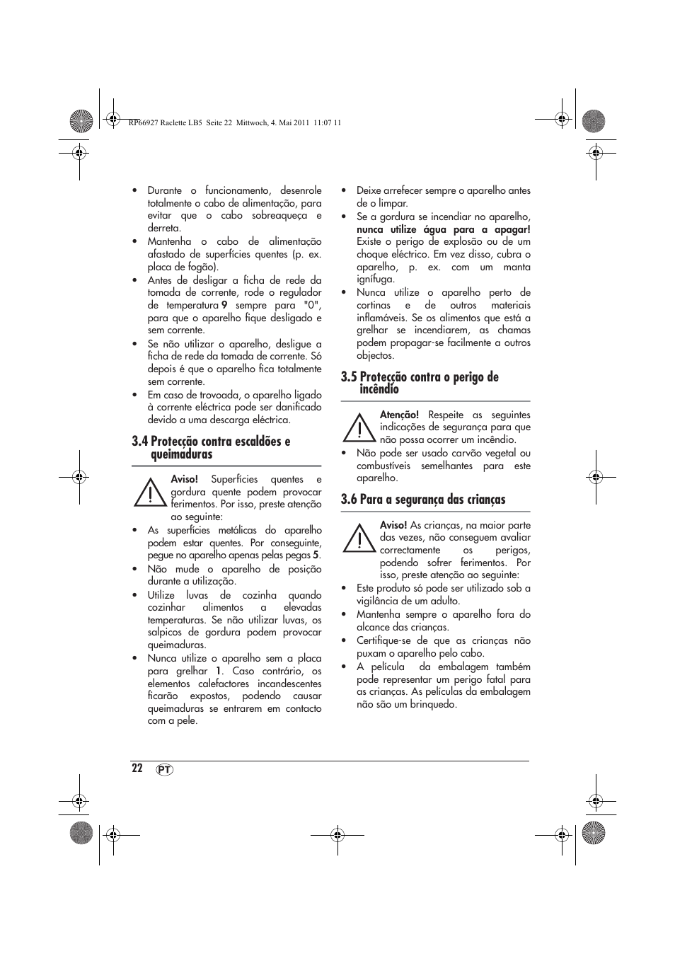 4 protecção contra escaldões e queimaduras, 5 protecção contra o perigo de incêndio, 6 para a segurança das crianças | Silvercrest SRG1200A1 User Manual | Page 24 / 46