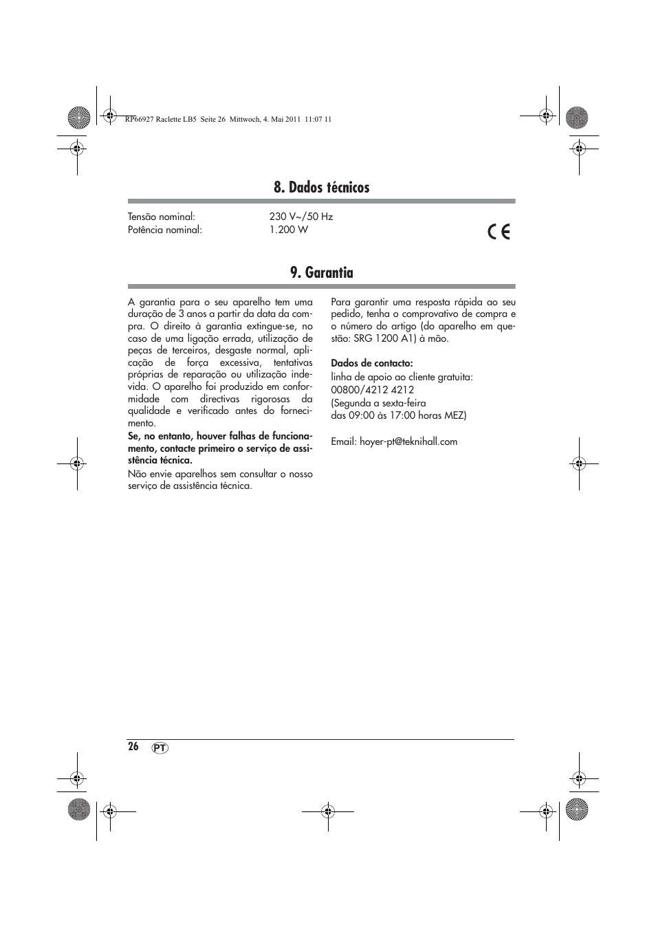 Dados técnicos, Garantia | Silvercrest SRG1200A1 User Manual | Page 28 / 46