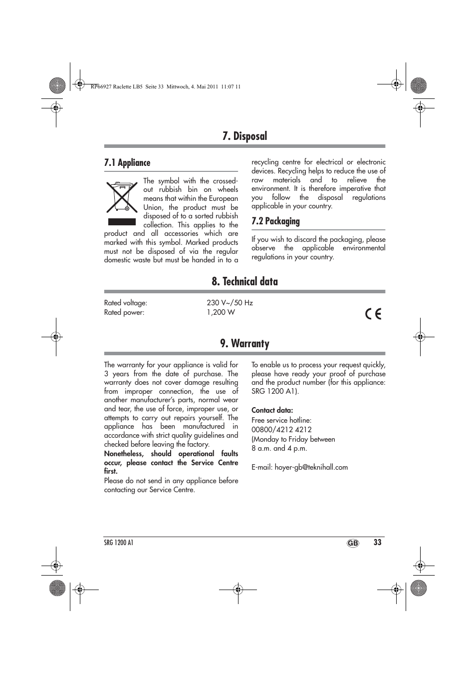 Disposal, Technical data, Warranty | 1 appliance, 2 packaging | Silvercrest SRG1200A1 User Manual | Page 35 / 46