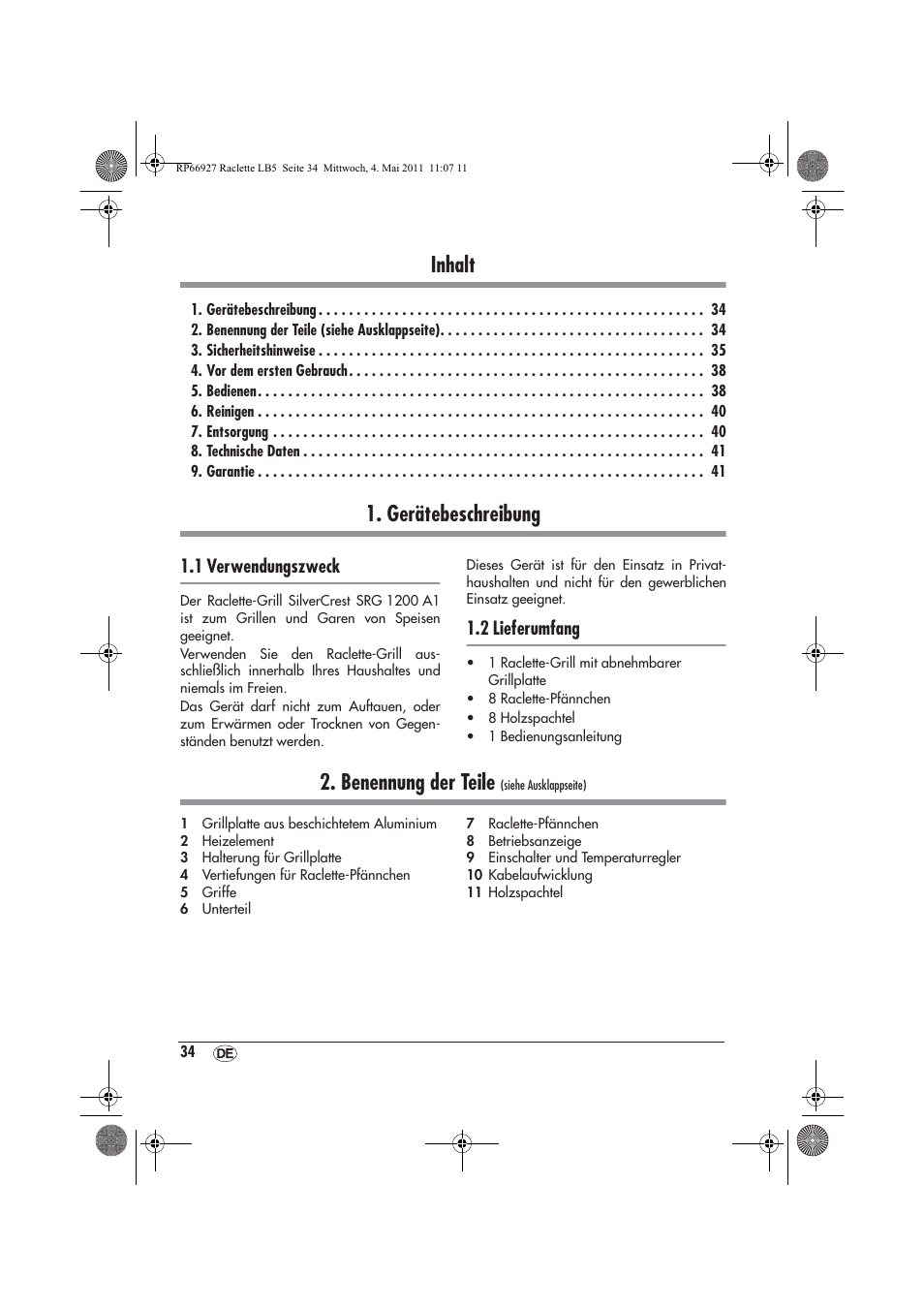 Inhalt, Gerätebeschreibung, Benennung der teile | 1 verwendungszweck, 2 lieferumfang | Silvercrest SRG1200A1 User Manual | Page 36 / 46