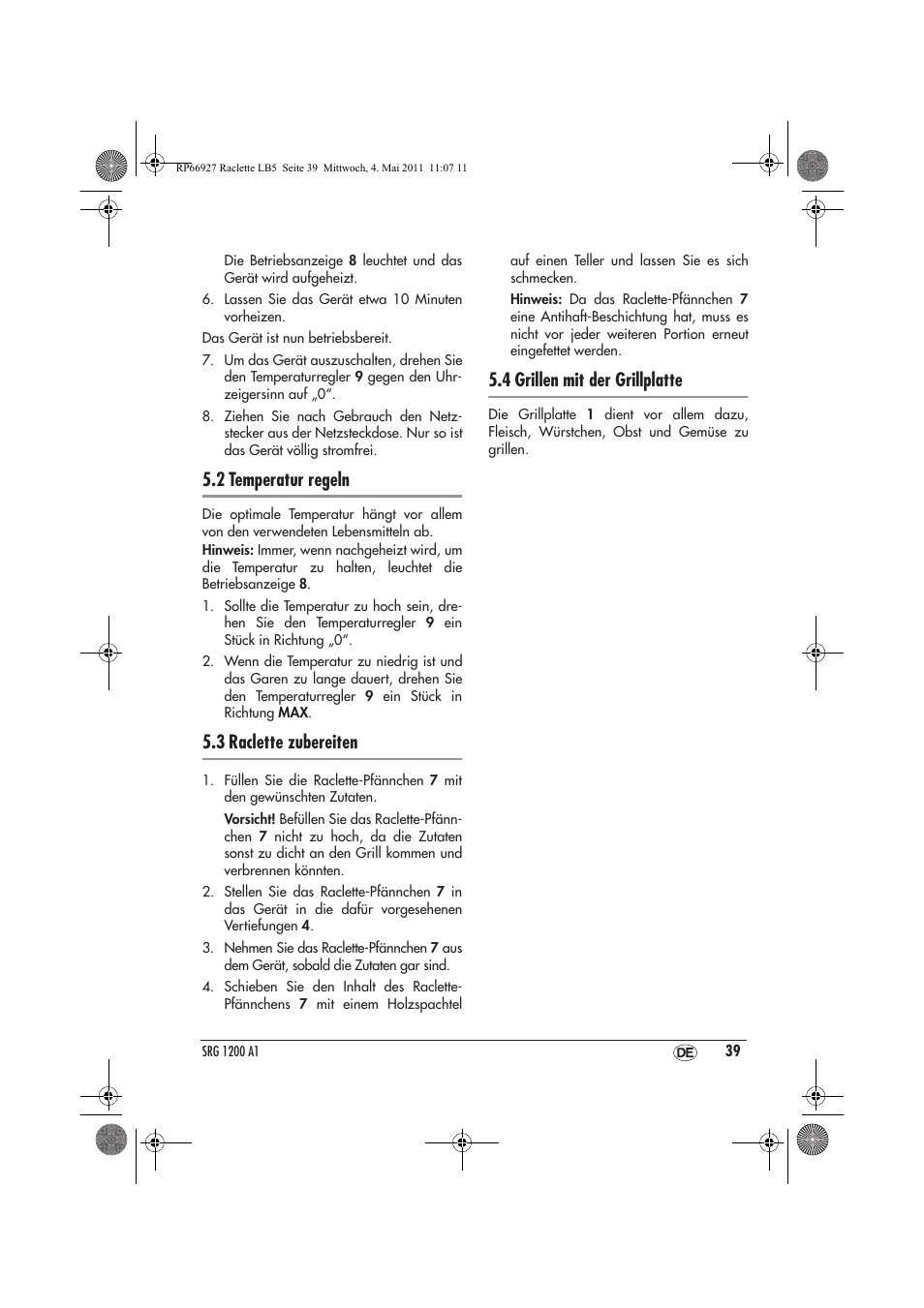 2 temperatur regeln, 3 raclette zubereiten, 4 grillen mit der grillplatte | Silvercrest SRG1200A1 User Manual | Page 41 / 46