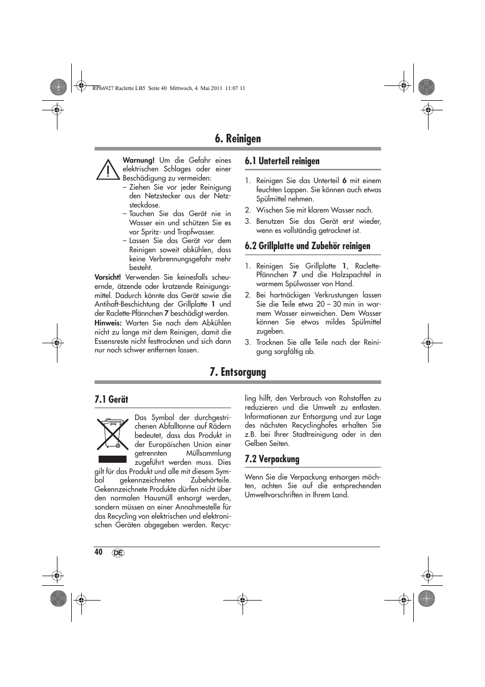 Reinigen, Entsorgung, 1 unterteil reinigen | 2 grillplatte und zubehör reinigen, 1 gerät, 2 verpackung | Silvercrest SRG1200A1 User Manual | Page 42 / 46