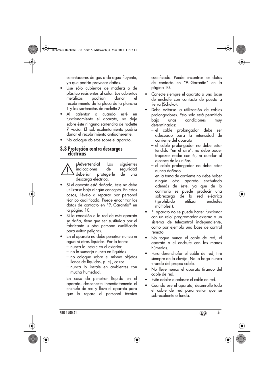 3 protección contra descargas eléctricas | Silvercrest SRG1200A1 User Manual | Page 7 / 46