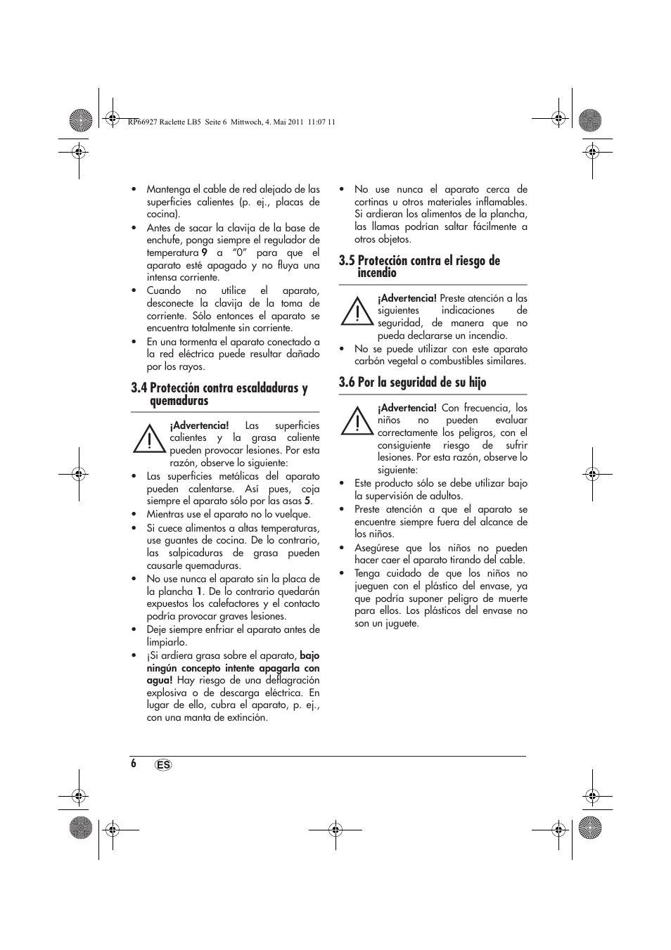 4 protección contra escaldaduras y quemaduras, 5 protección contra el riesgo de incendio, 6 por la seguridad de su hijo | Silvercrest SRG1200A1 User Manual | Page 8 / 46